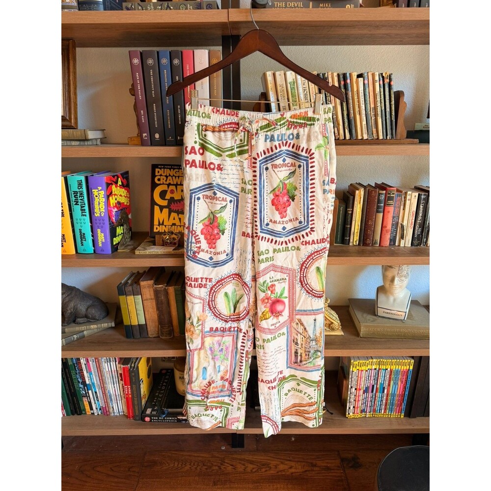 Rachel Zoe Linen Blend Tropical Stamp Print Drawstring Pants Size Small S